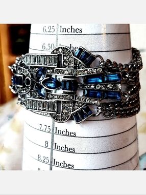 Silver Tone 6 Strand Chain Sapphire Blue Rhinestone Reproduction Bracelet